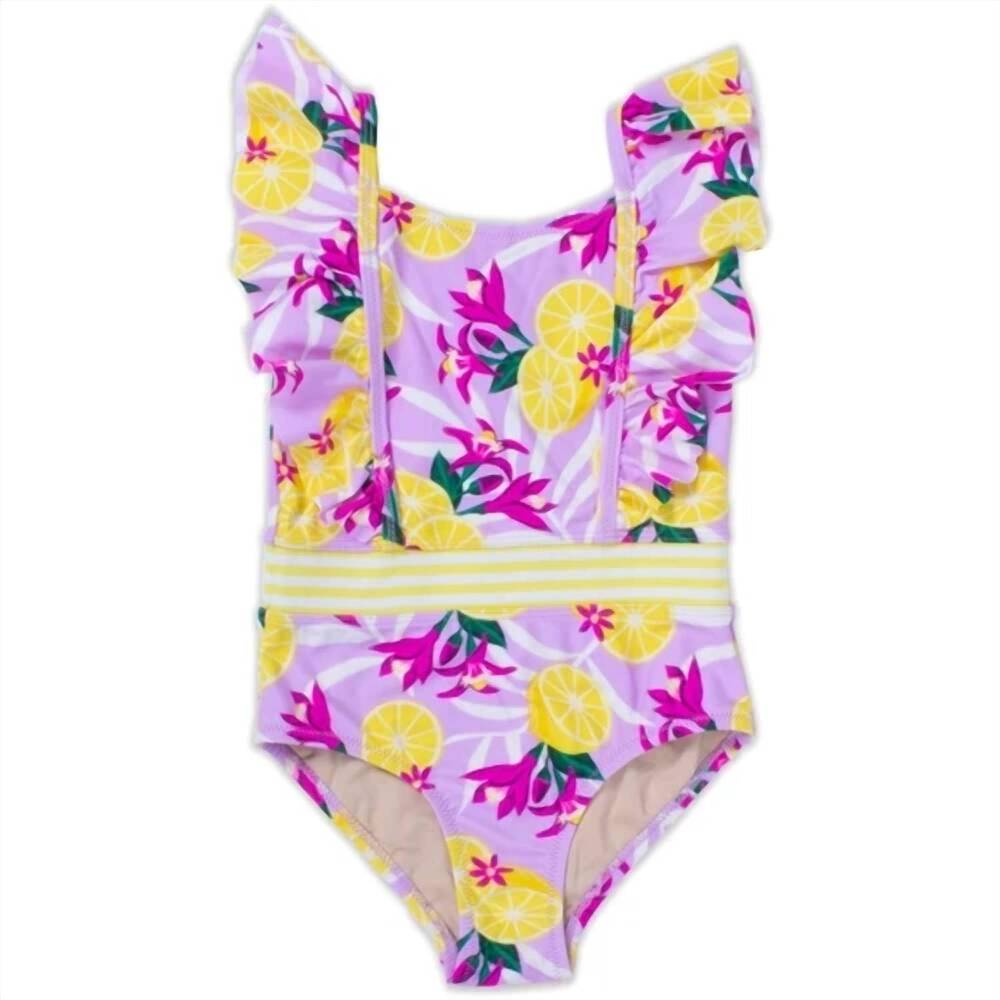 NEW SHADE CRITTERS girl's tropical lemons one piece ruffle sleeve swimsuit in pu